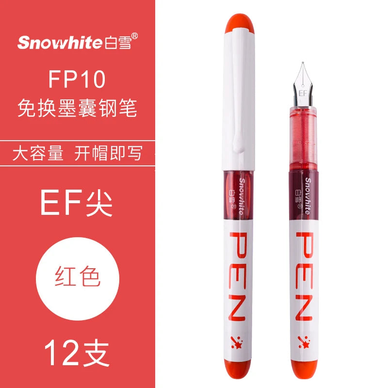 A set of 12 Snowflake EF fine point fountain pens in various colors displayed vertically.