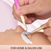 A hand uses precision tweezers with a gradient finish to apply eyelash extensions onto a model's eye.