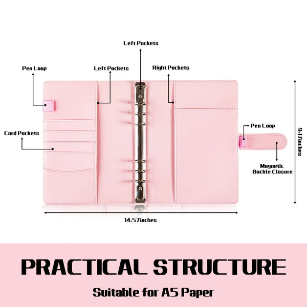 Pink A5 PU leather binder notebook with pockets and pen loop features for organized note-taking