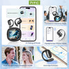 HTC earbuds demonstrating various modes including AI conversation, translator, and phone connection.
