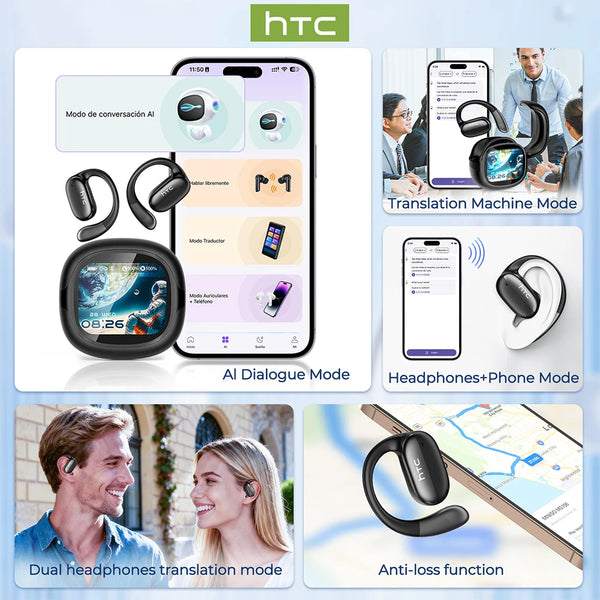 HTC earbuds demonstrating various modes including AI conversation, translator, and phone connection.