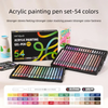 A set of 54 acrylic painting gel pens and markers in various colors displayed next to a bottle.