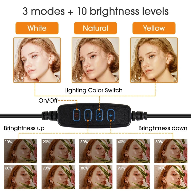 A selfie ring light showing three lighting colors white natural and yellow with ten brightness levels displayed on a black de