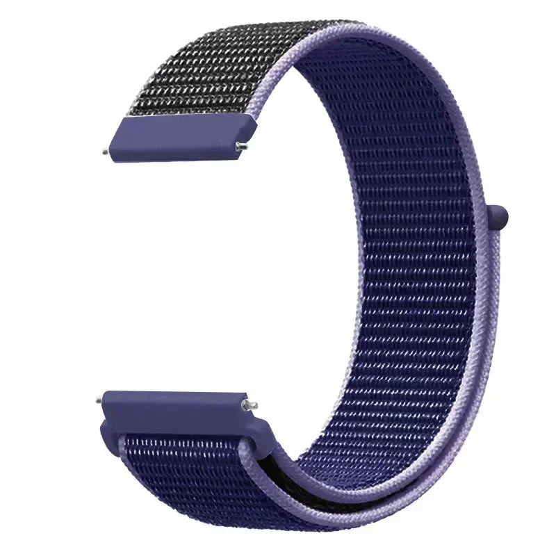 A purple nylon loop watch strap for a kids' watch, shown against a white background.