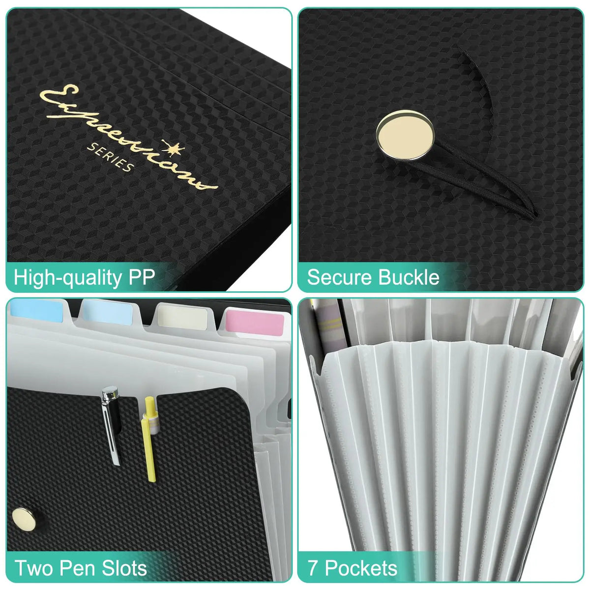 A black A4 accordion file organizer with a secure buckle and seven pockets for storing pens and documents.
