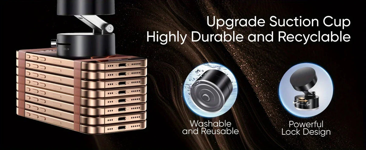 A magnetic phone holder with a suction cup upgrade, showing a durable and recyclable design.