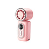 A pink portable rechargeable handheld cooling fan with a grille and power button.