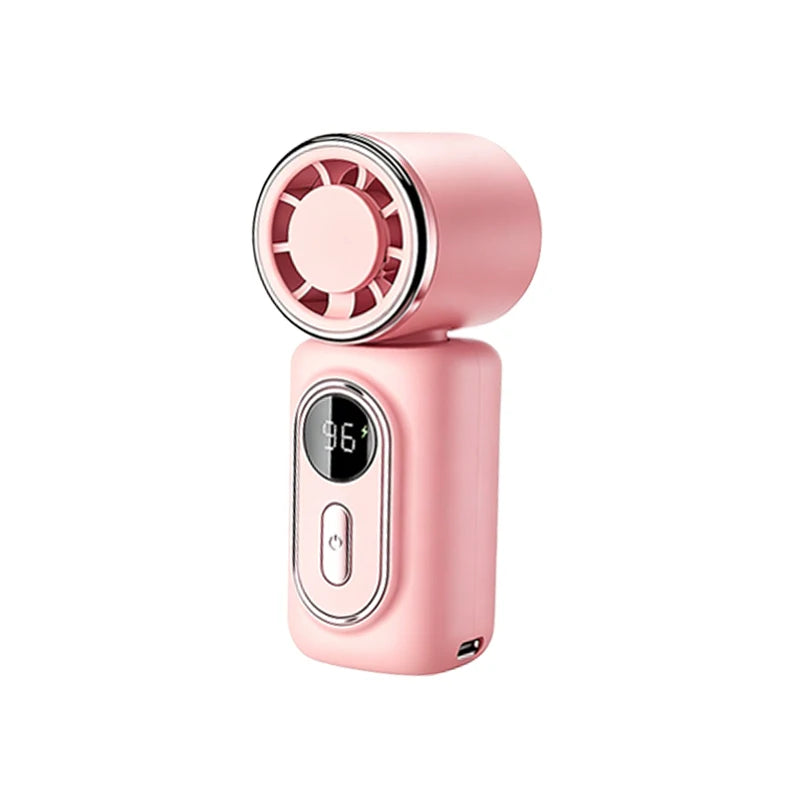 A pink portable rechargeable handheld cooling fan with a grille and power button.