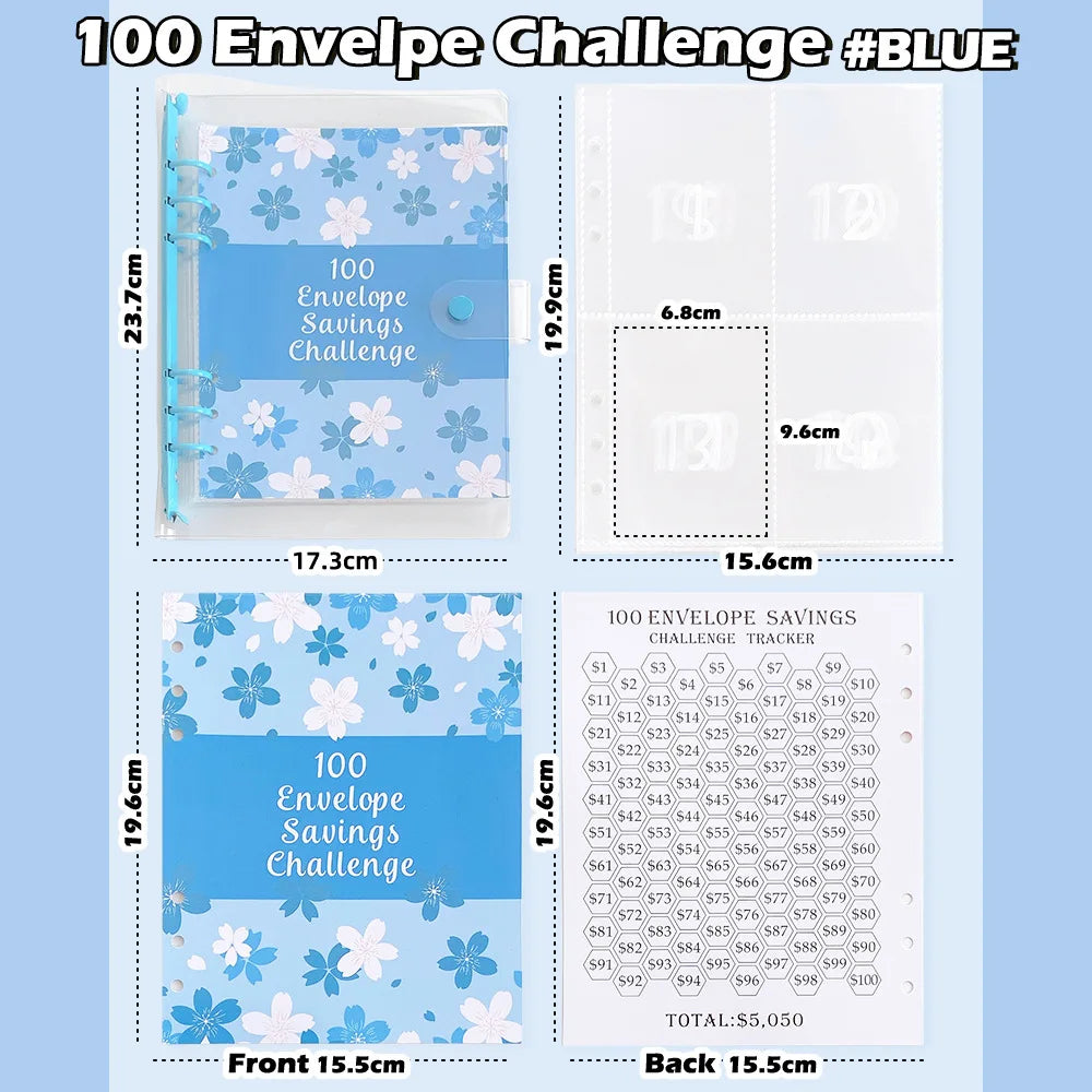 A set of 100 envelope savings challenge trackers and planner pages in blue and white for money saving.