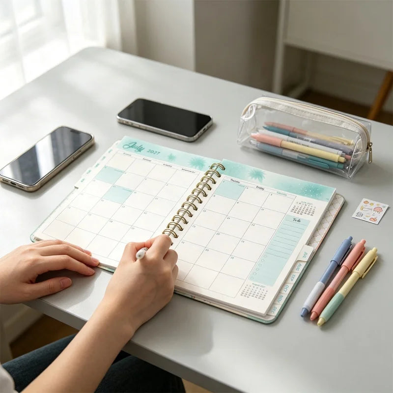 A white A5 spiral bound planner with monthly tabs is open on a table next to a smartphone and colored pens.