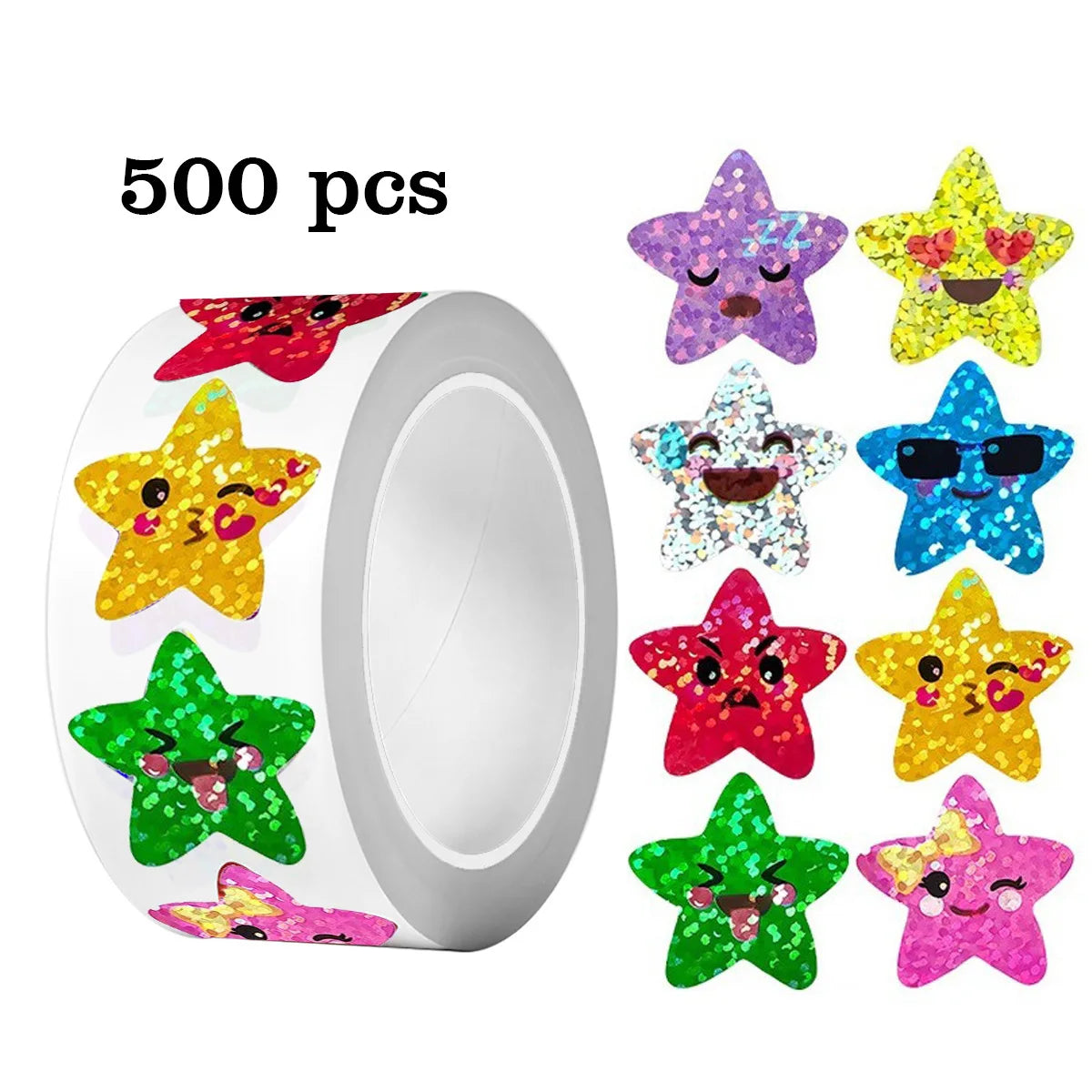 Rolle mit 500 Glitzersternaufklebern in verschiedenen Farben (lila, gelb, rot, blau, grün) zum Basteln