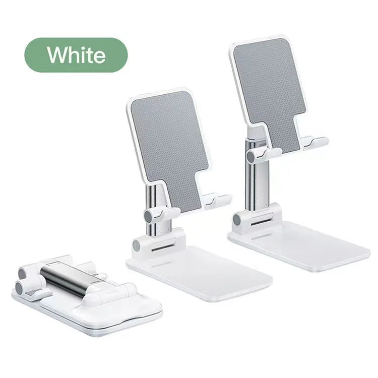 White foldable desktop phone stand for live streaming with adjustable arms and a flat base