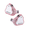 A pair of pink transparent in-ear monitors with a hexagonal design and silver accents.