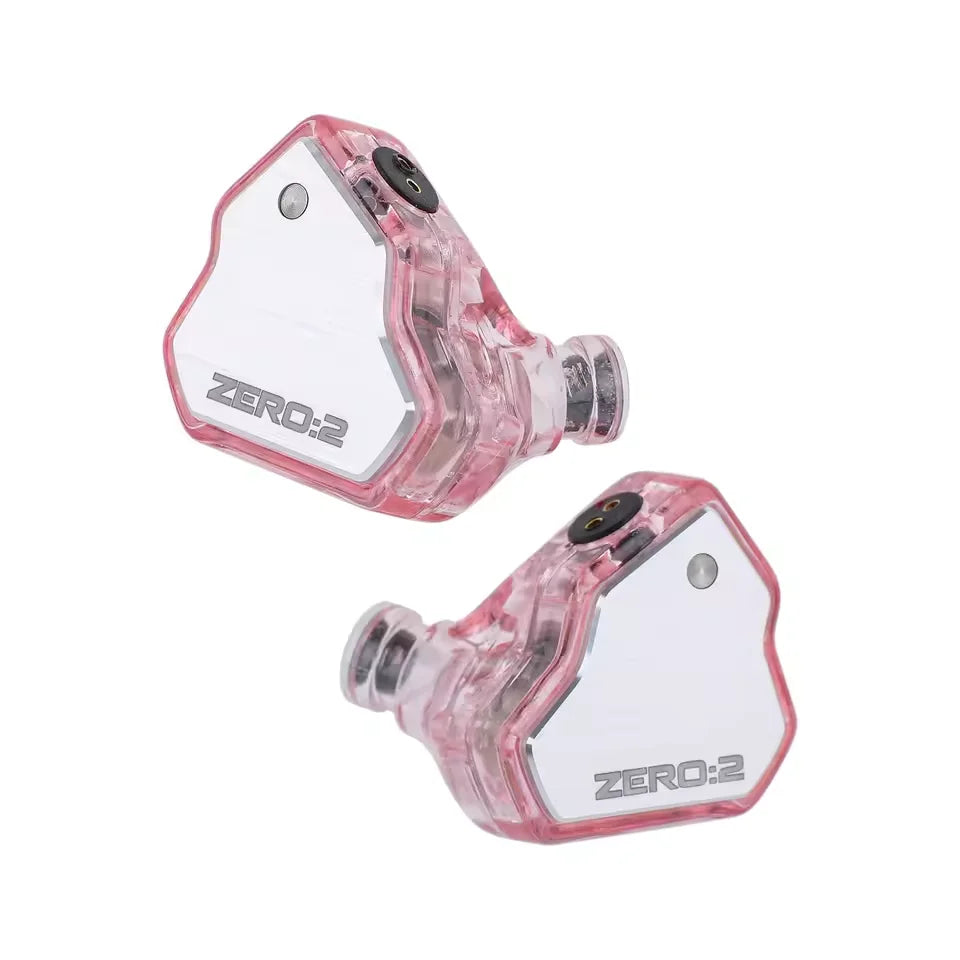 A pair of pink transparent in-ear monitors with a hexagonal design and silver accents.