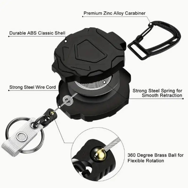 A black tactical ID badge holder keychain featuring a durable ABS shell, a zinc alloy carabiner, and a spring for smooth retr