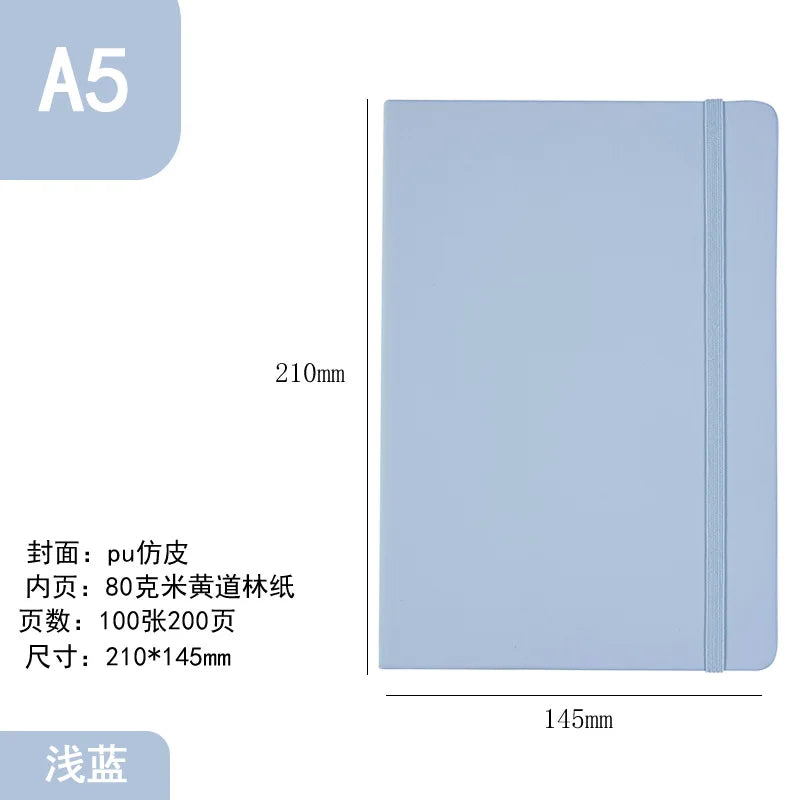 A5 hardcover lined notebook with a light blue cover and a light blue spine.