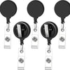 A set of five black retractable badge reels with crocodile clips and silver metal attachments.