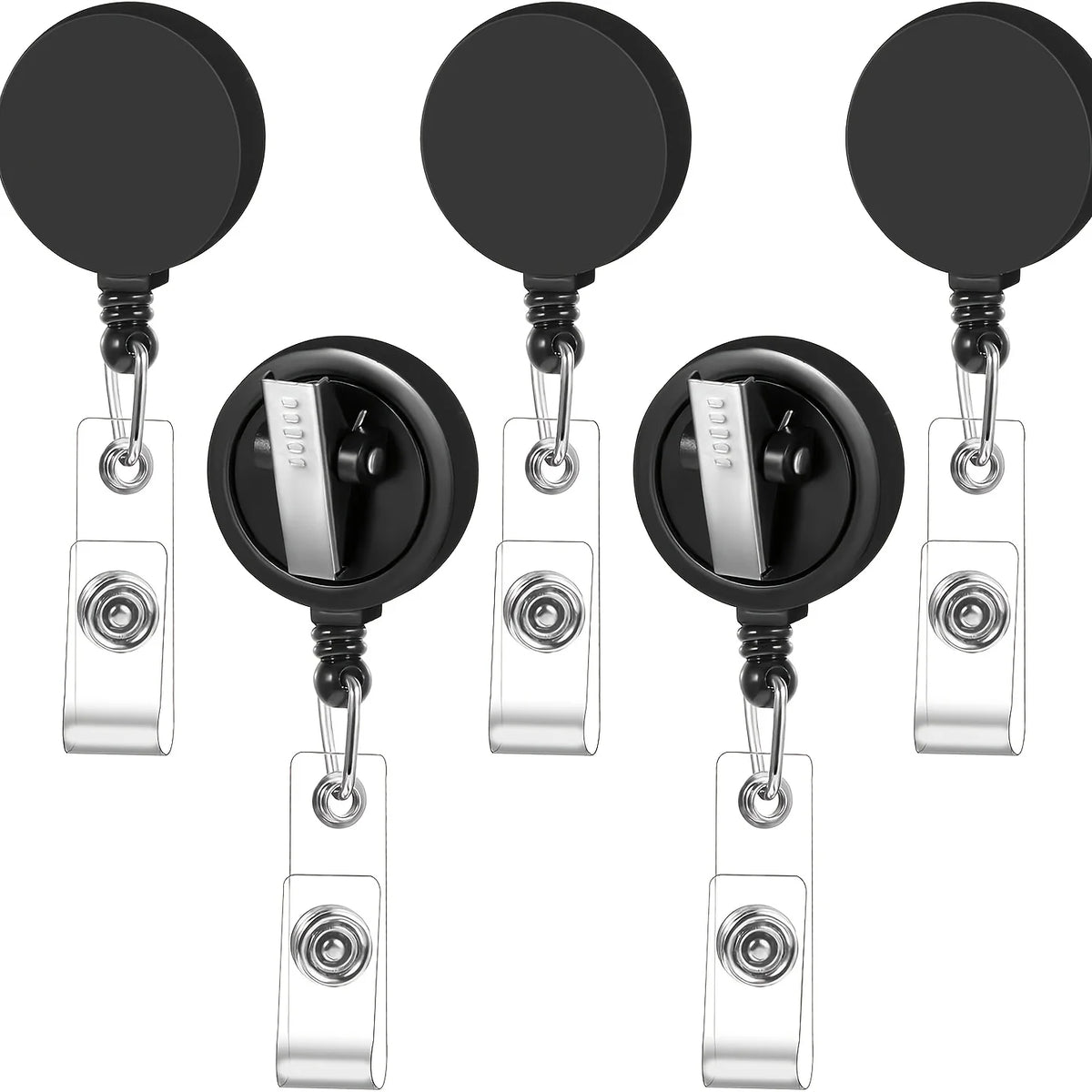 A set of five black retractable badge reels with crocodile clips and silver metal attachments.