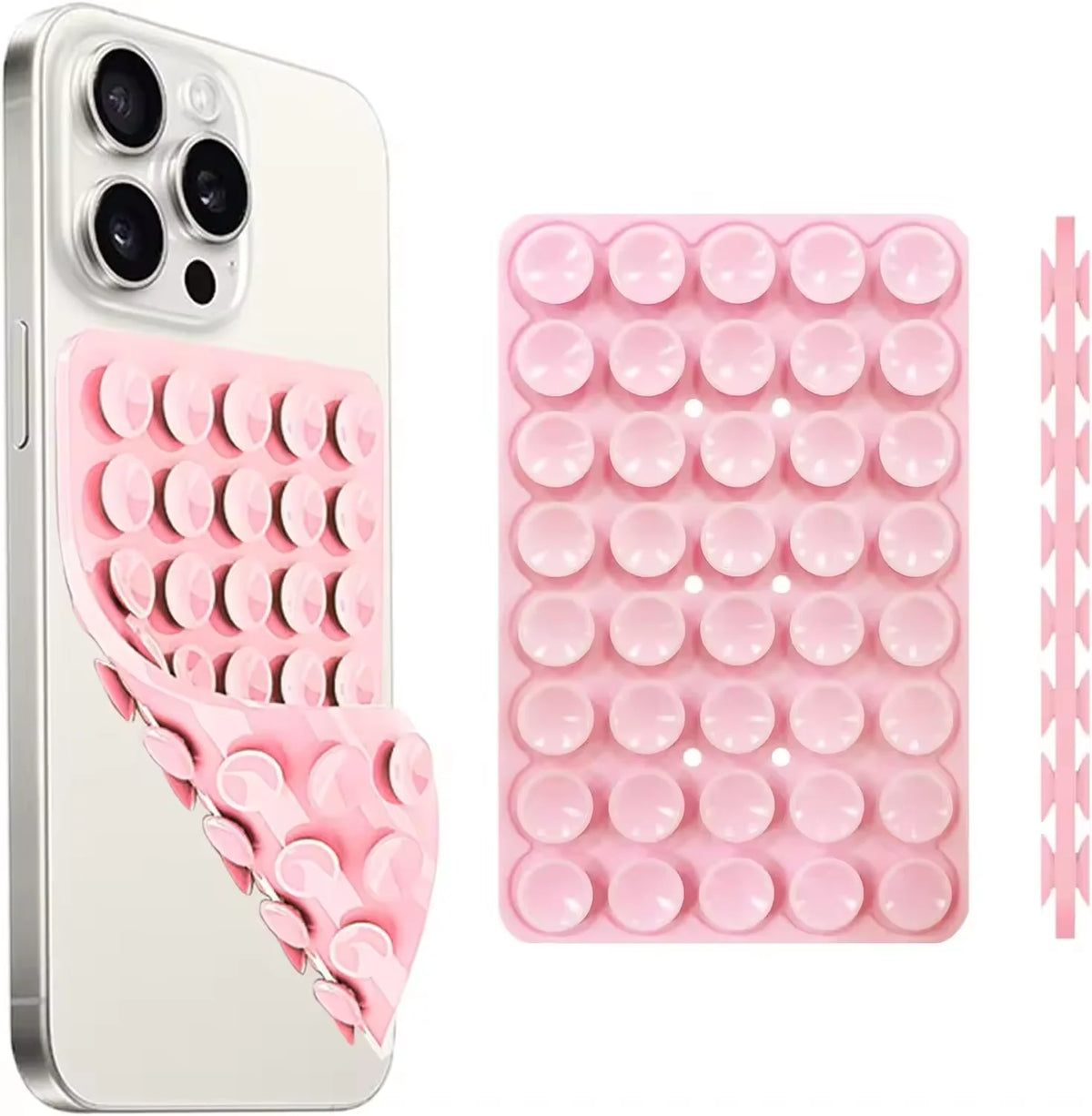 A pink double-sided silicone suction cup phone mount with multiple suction cups shown on a smartphone and a separate mounting
