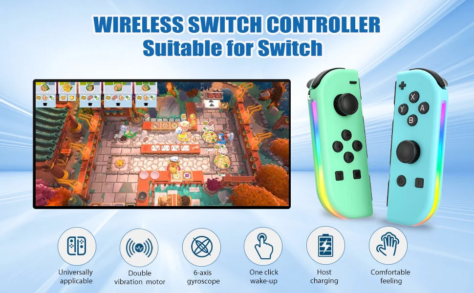 Wireless Switch controller suitable for Switch showing a green controller and various features.