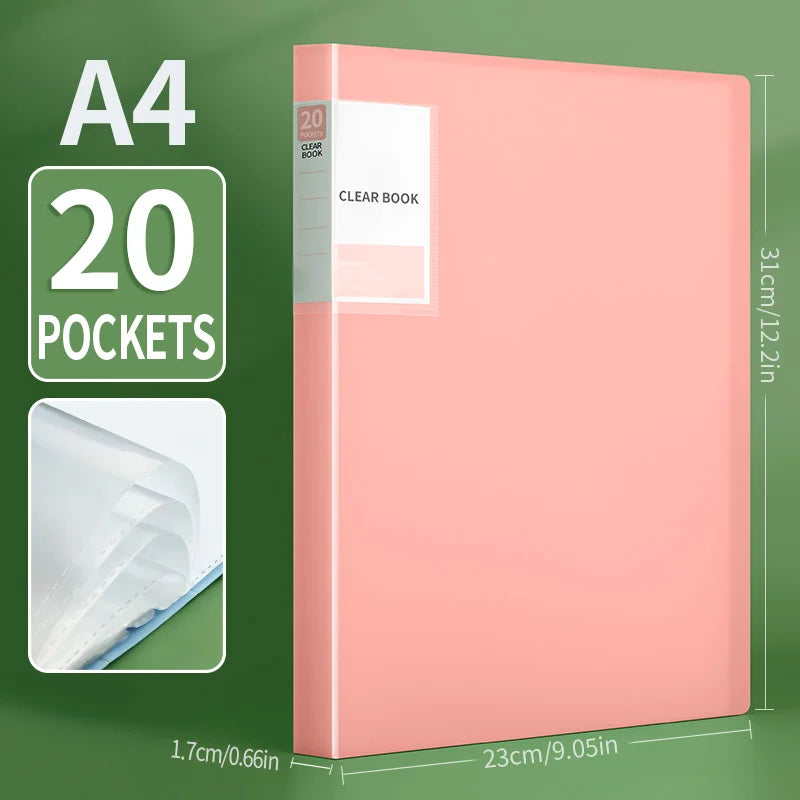 A pink A4 clear display document folder with 20 pockets and transparent sleeves.