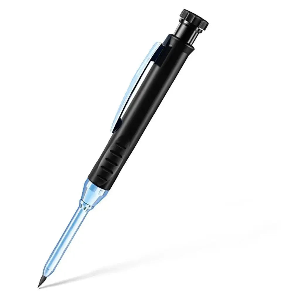 A black precision mechanical pencil with a clear barrel and sharpener mechanism shown diagonally.