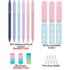 A set of aesthetic pastel mechanical pencils and lead refills in various colors and sizes.