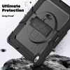A heavy duty shockproof iPad case is shown being dropped onto a rock, demonstrating its protection features.