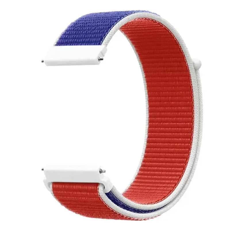 A watch strap featuring red, white, and blue nylon loops for a kids' watch.