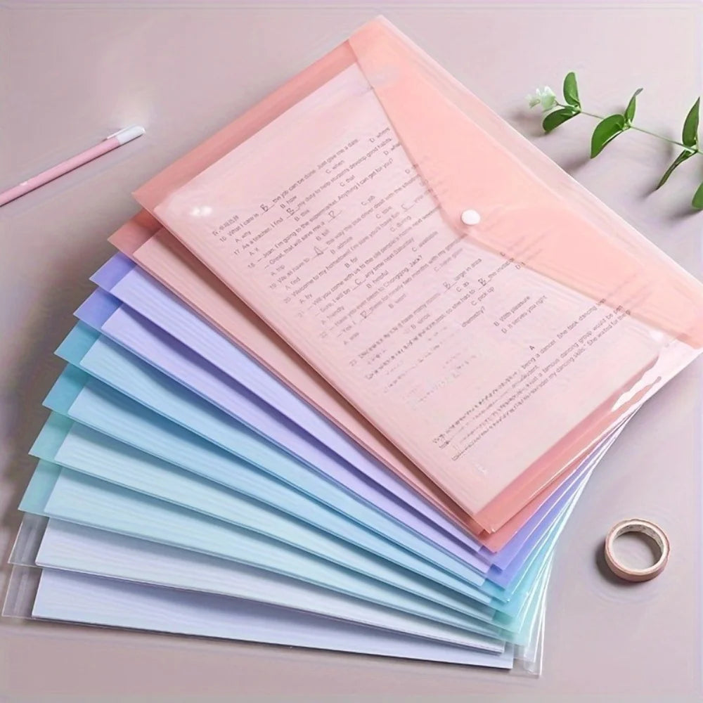 A stack of ten A4 transparent plastic document folders in pastel shades, including pink and blue.
