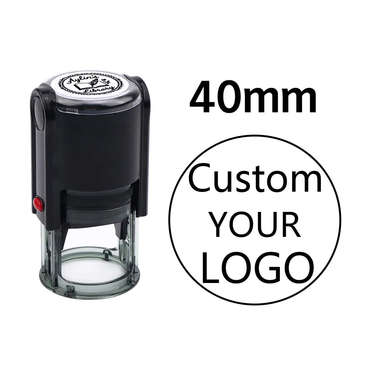 A black self-inking stamp with a clear cylinder, featuring text and a space for a custom logo.