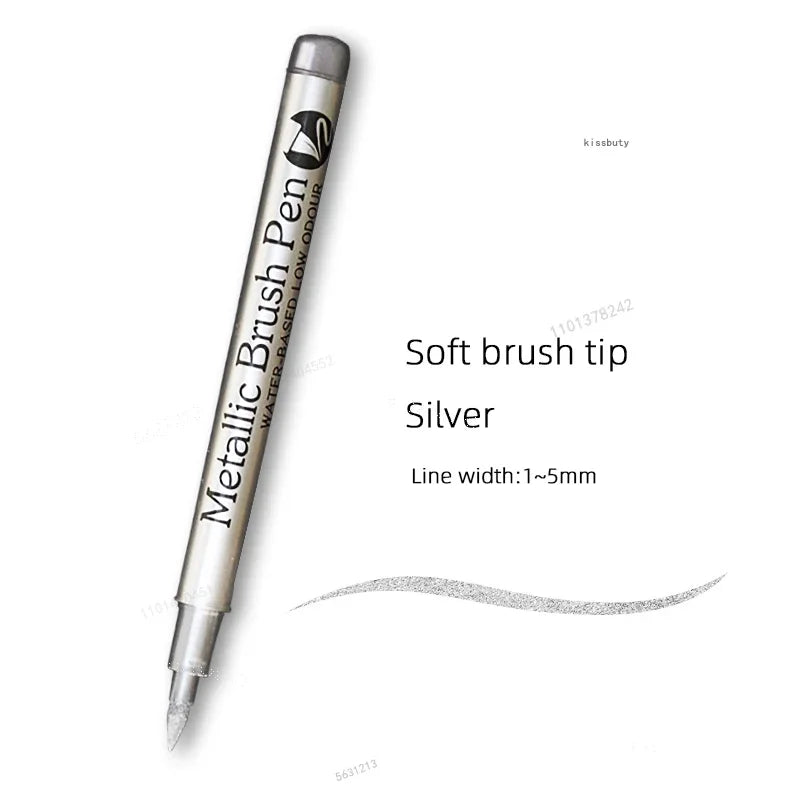 Silver metallic brush tip pen shown diagonally against a white background.