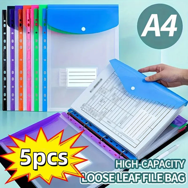 A hand holds an open colorful A4 file folder with a blue binder and loose leaf file bag visible.