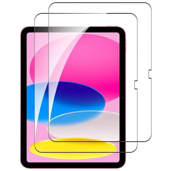 A dual glass screen protector for an iPad, showing a vibrant pink and purple design.