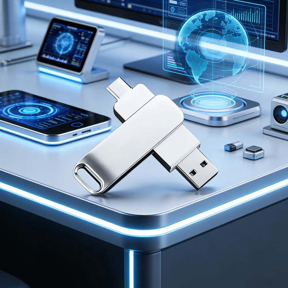 A silver high-speed USB flash drive is displayed on a desk with various electronic devices and a holographic globe.