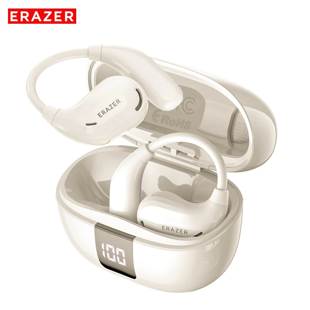 A white pair of AI Translation Bluetooth earphones with a protective case shown open.