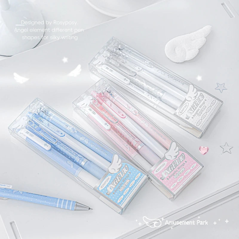 A set of four Kawaii Pearl Angel Gel Pens in various shades and designs displayed on a white surface.