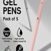 A pack of five pink gel pens shown with features like quick-drying formula, high-quality ink, comfortable grip, and ultra-smo