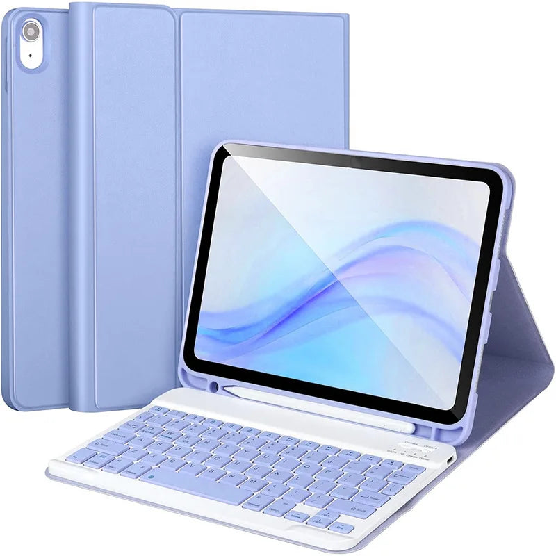 A light blue universal protective case with a keyboard for an iPad Air is shown in an open, angled view.
