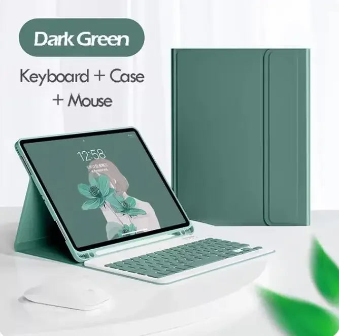 Dark green magnetic keyboard case and mouse shown next to an iPad Pro laptop.