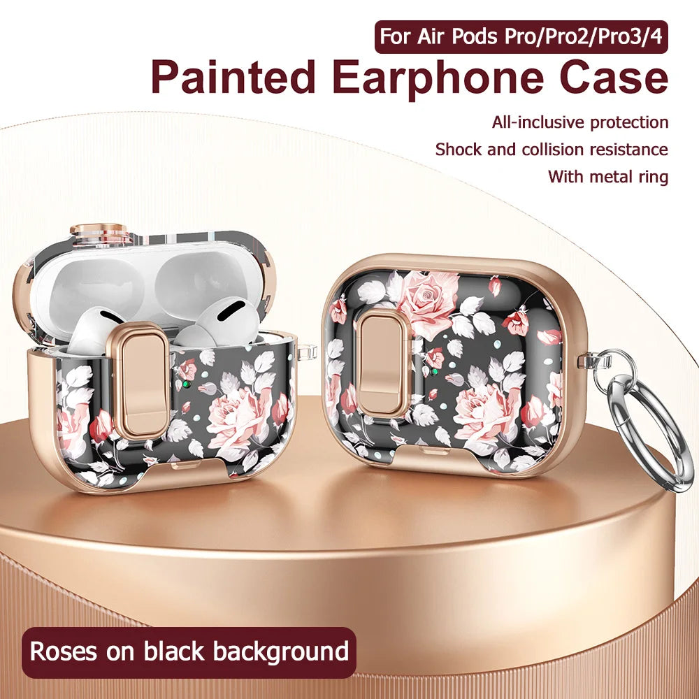 Estuche de audífonos de silicona pintado con rosas sobre fondo negro, mostrado con un anillo metálico.