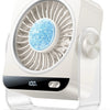 A white desk fan with a circular grille and a blue light, resting on a clear base.