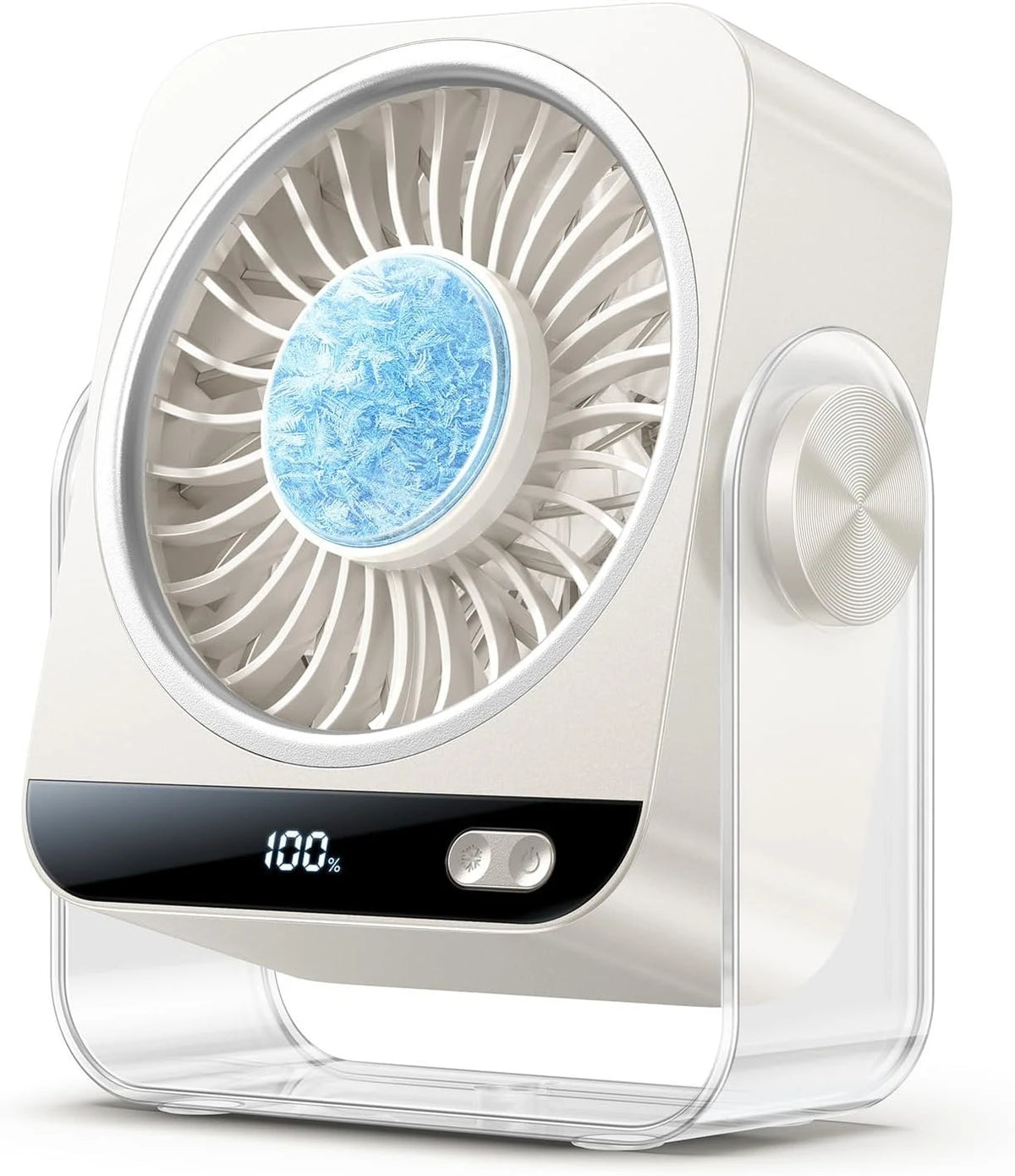 A white desk fan with a circular grille and a blue light, resting on a clear base.