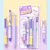 A set of four cute heart-shaped gel pens with animal patterns in purple and yellow, packaged for a New Year gift.