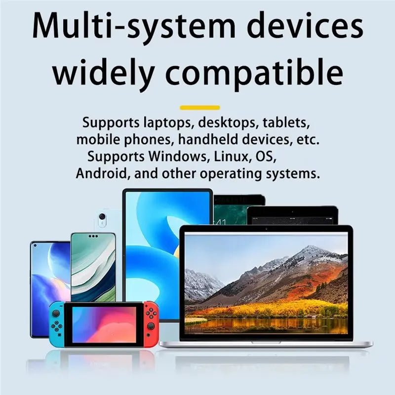 جهاز حاسوب محمول بجوار أجهزة محمولة متنوعة ومحول USB-C إلى إيثرنت
