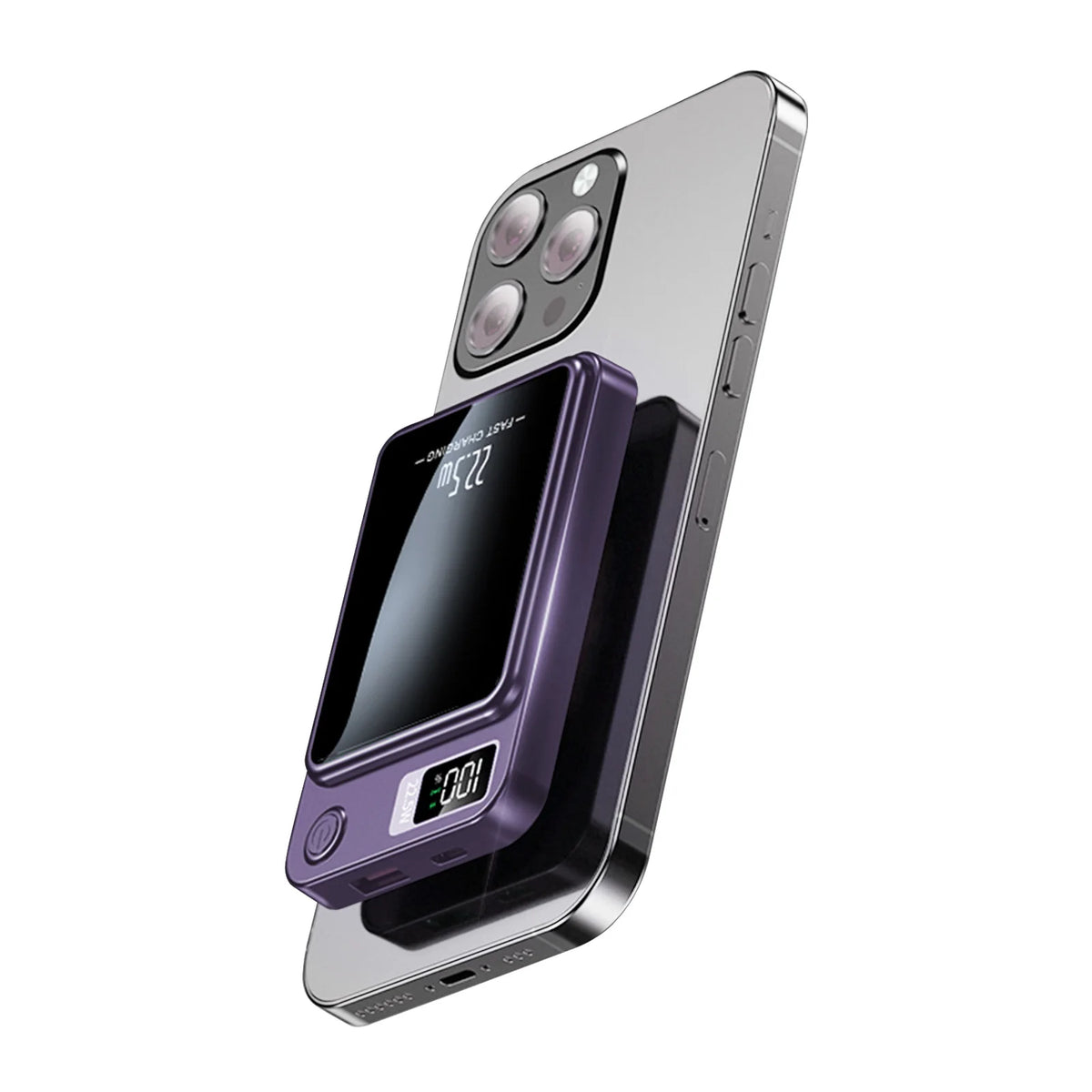 A silver magnetic wireless power bank with a purple digital display and camera lens visible on the back.