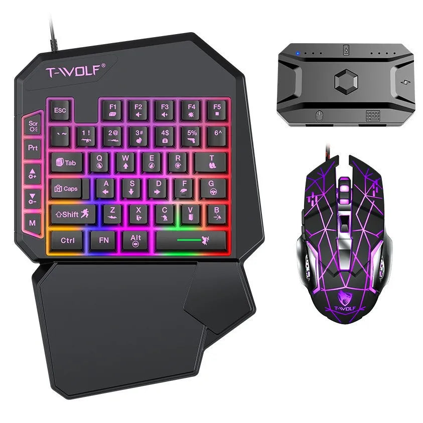 A black T-Wolf mobile gaming keyboard and mouse combo featuring a full-size keyboard and an ergonomic mouse.
