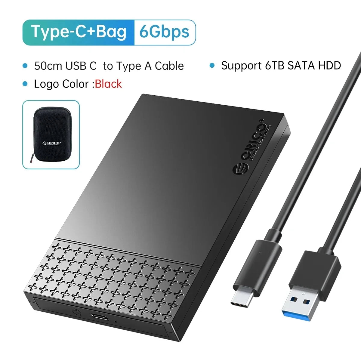 A black Type-C to USB A cable and an external drive enclosure for a 6Gbps connection.