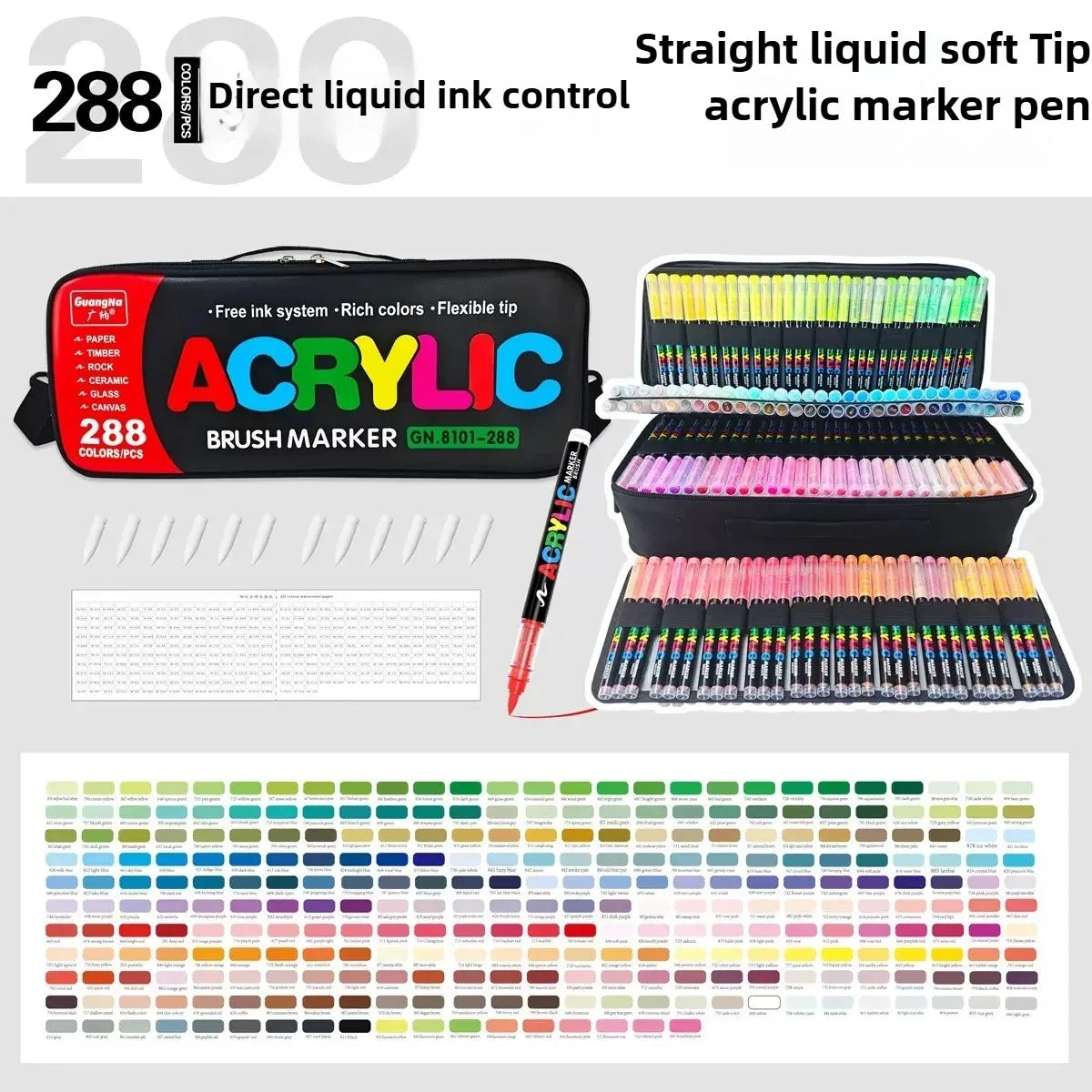 A set of 288 liquid ink acrylic brush markers in various colors and tips, including a storage case and individual markers.