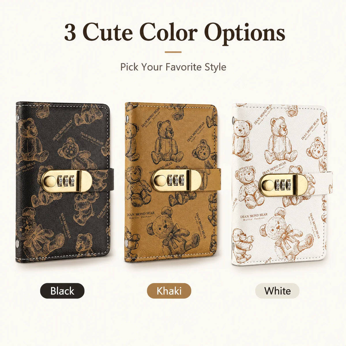 Three options for a cute cartoon bear cash budget notebook in black, khaki, and white.
